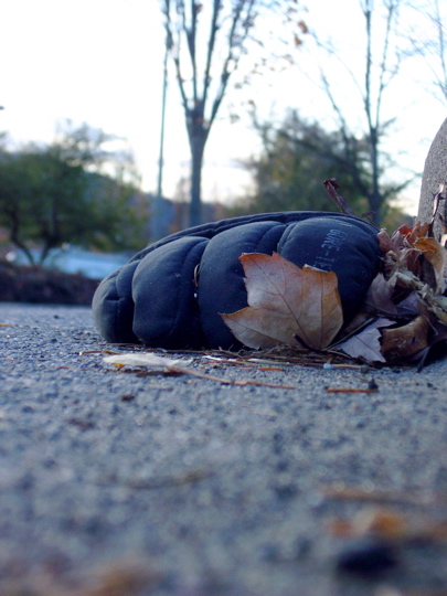 puffy gore tex winter glove and fallen leaves along curb