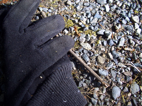 glove with twig and gravel