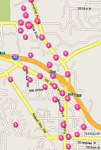 map of issaquah with numbers showing how many lost gloves I've seen in each location