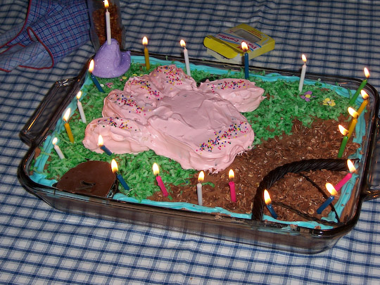 sheet cake with a big pink lost glove on it